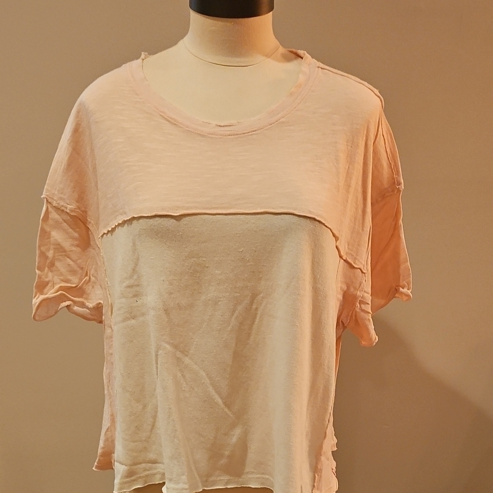 We The Free Light Pink and Cream Short Sleeve Tee
